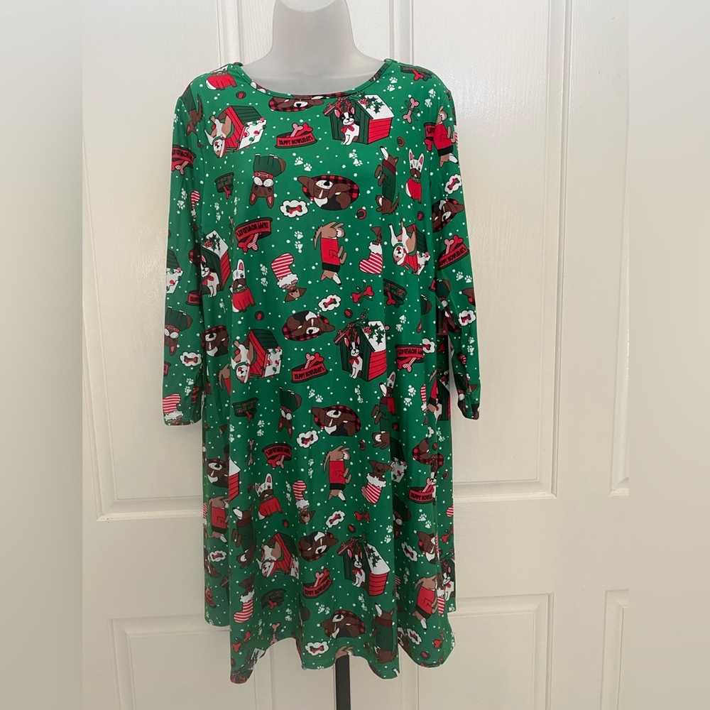 Festive Green Christmas Holiday Dog Print Dress Sz L